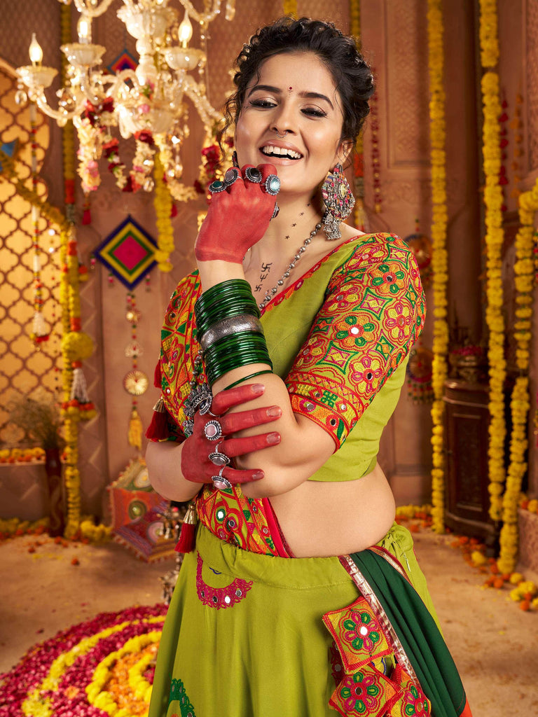 Elegant Green Viscose Cotton Embroidered Navratri Wear Lehenga Choli
