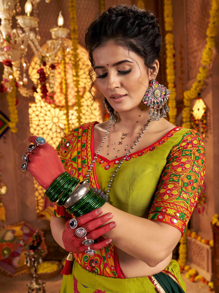 Elegant Green Viscose Cotton Embroidered Navratri Wear Lehenga Choli