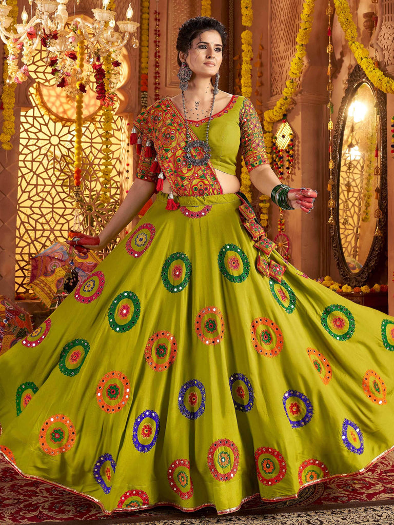 Elegant Green Viscose Cotton Embroidered Navratri Wear Lehenga Choli