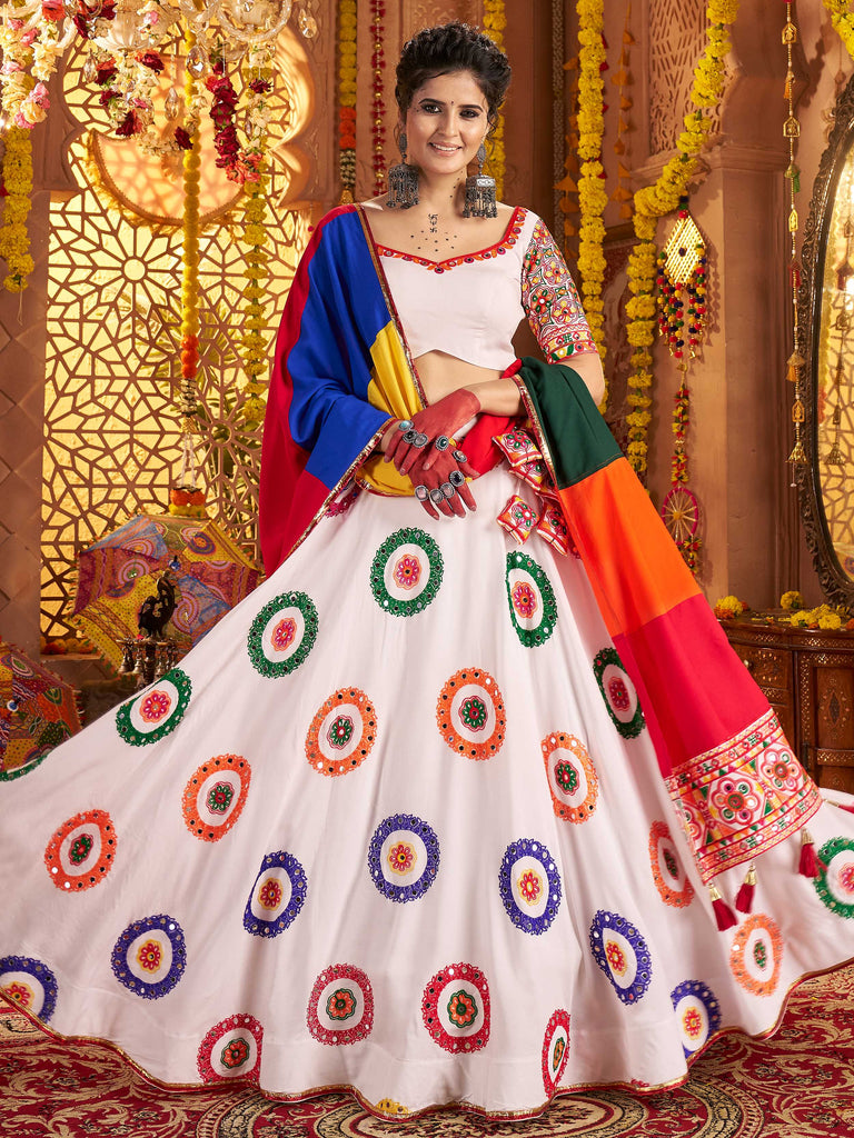 Pretty White Mirror Work Navratri Wear Lehenga Choli With Dupatta