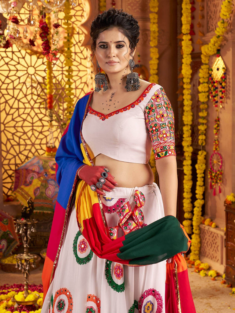 Pretty White Mirror Work Navratri Wear Lehenga Choli With Dupatta