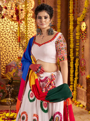 Pretty White Mirror Work Navratri Wear Lehenga Choli With Dupatta
