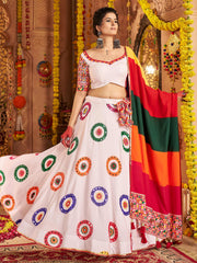 Pretty White Mirror Work Navratri Wear Lehenga Choli With Dupatta