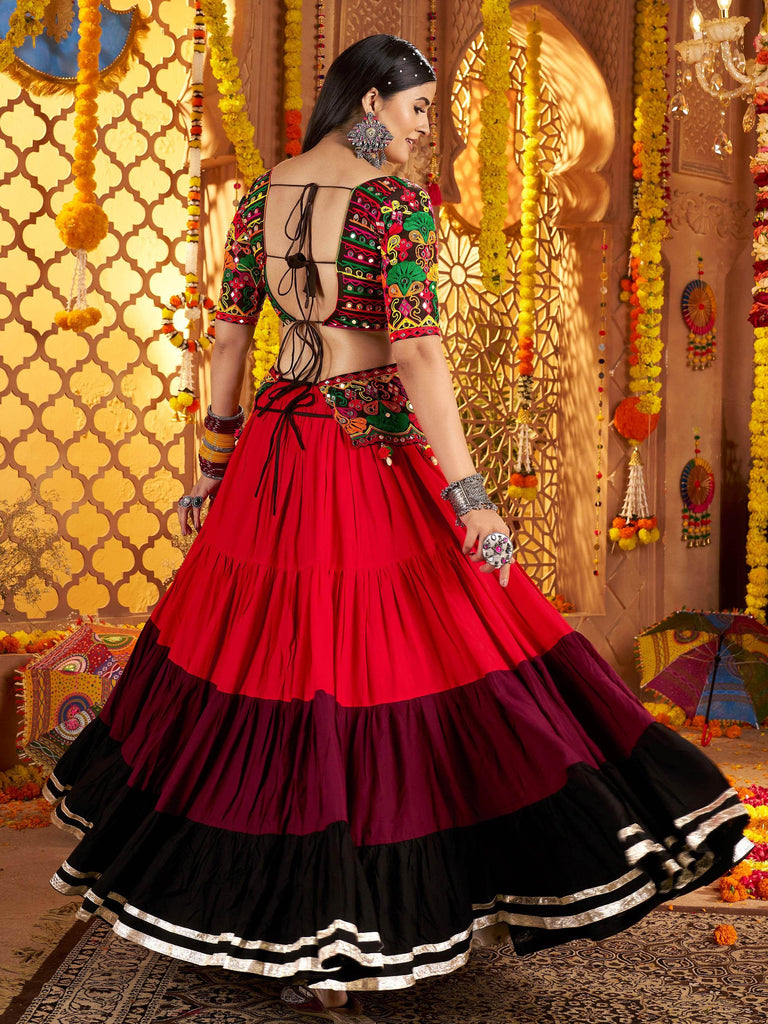 Delicate Red Mirror Work Navratri Wear Lehenga Choli With Dupatta