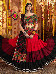 Delicate Red Mirror Work Navratri Wear Lehenga Choli With Dupatta