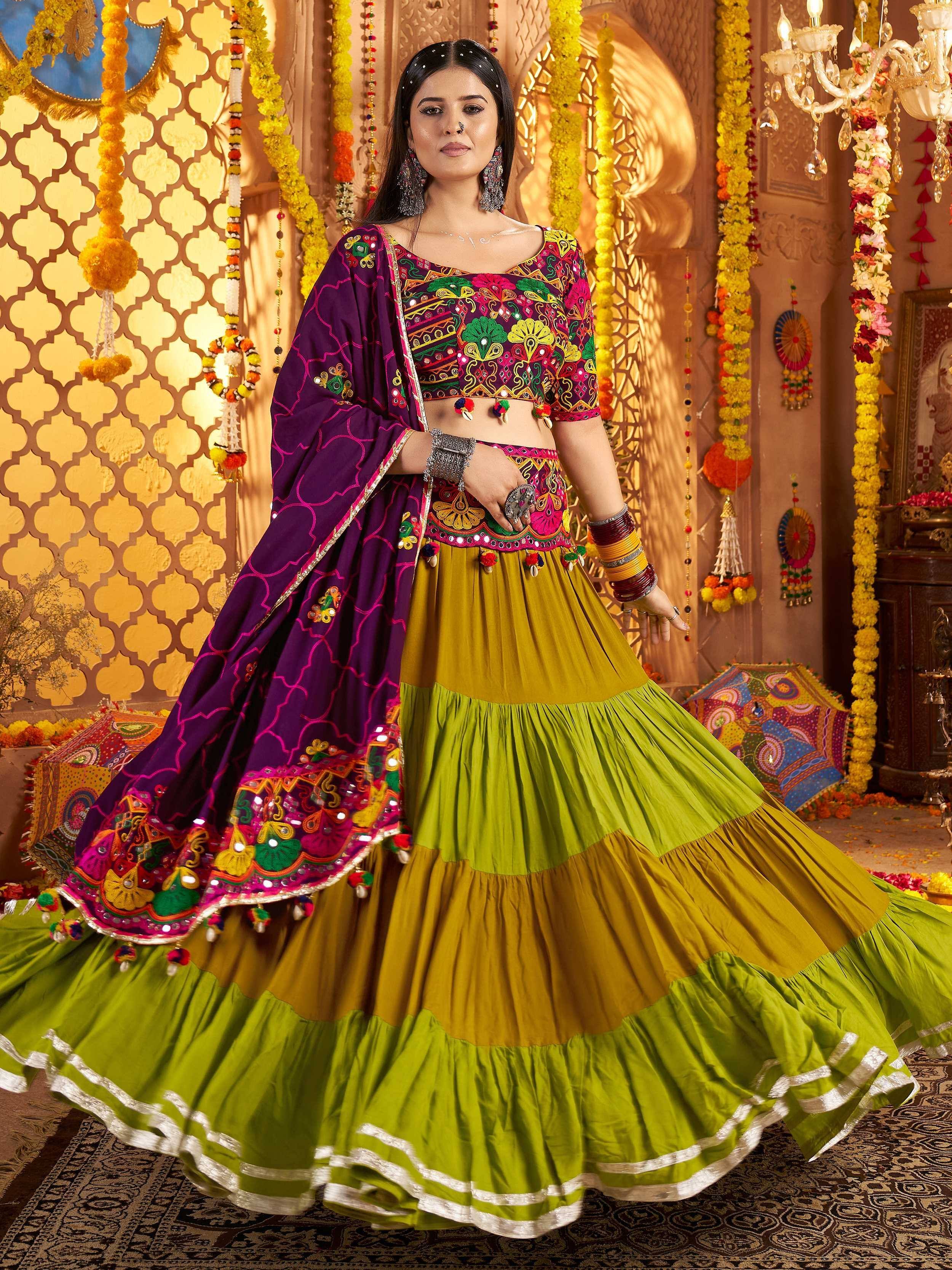 Vibrant Indian ethnic lehenga choli with colorful embroidery, perfect for festive occasions and celebrations.