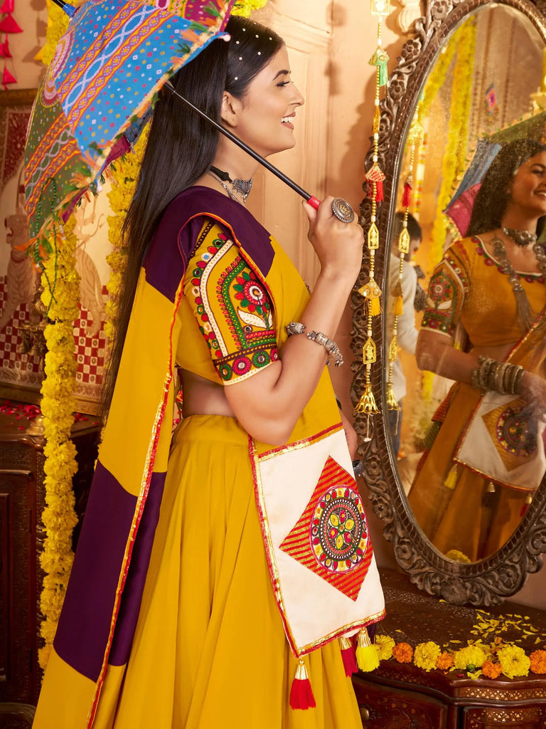 Elegant Mustard Yellow Cotton Patch Work Navratri Wear Lehenga Choli