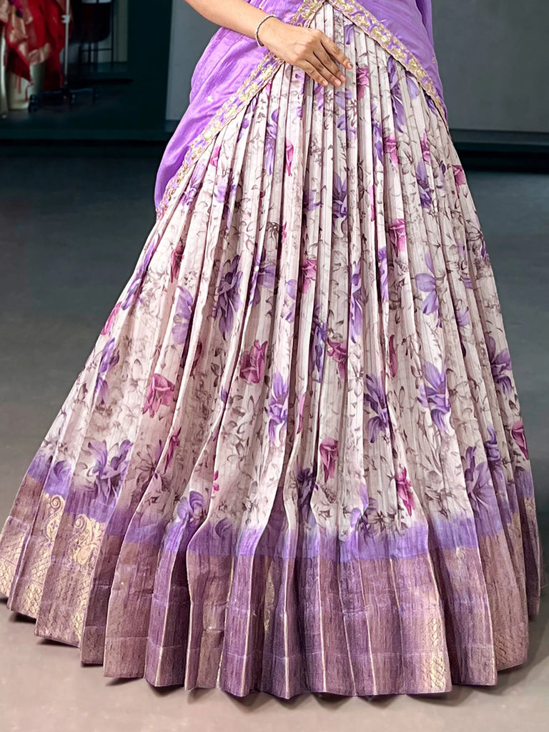Beautiful Lavender Floral Printed Silk Festive Wear Half Saree Lehenga