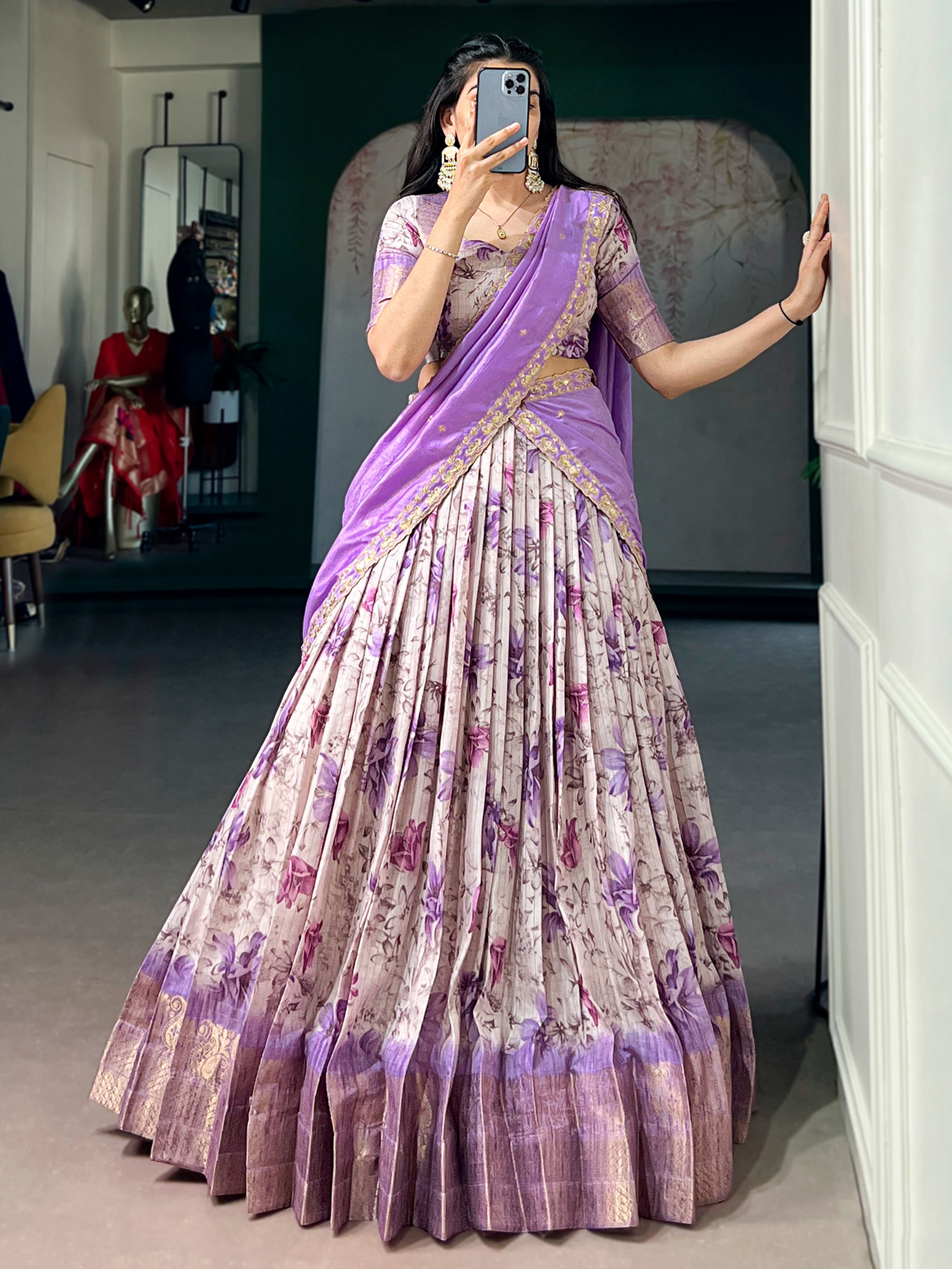 Beautiful Lavender Floral Printed Silk Festive Wear Half Saree Lehenga