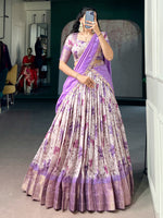 Beautiful Lavender Floral Printed Silk Festive Wear Half Saree Lehenga