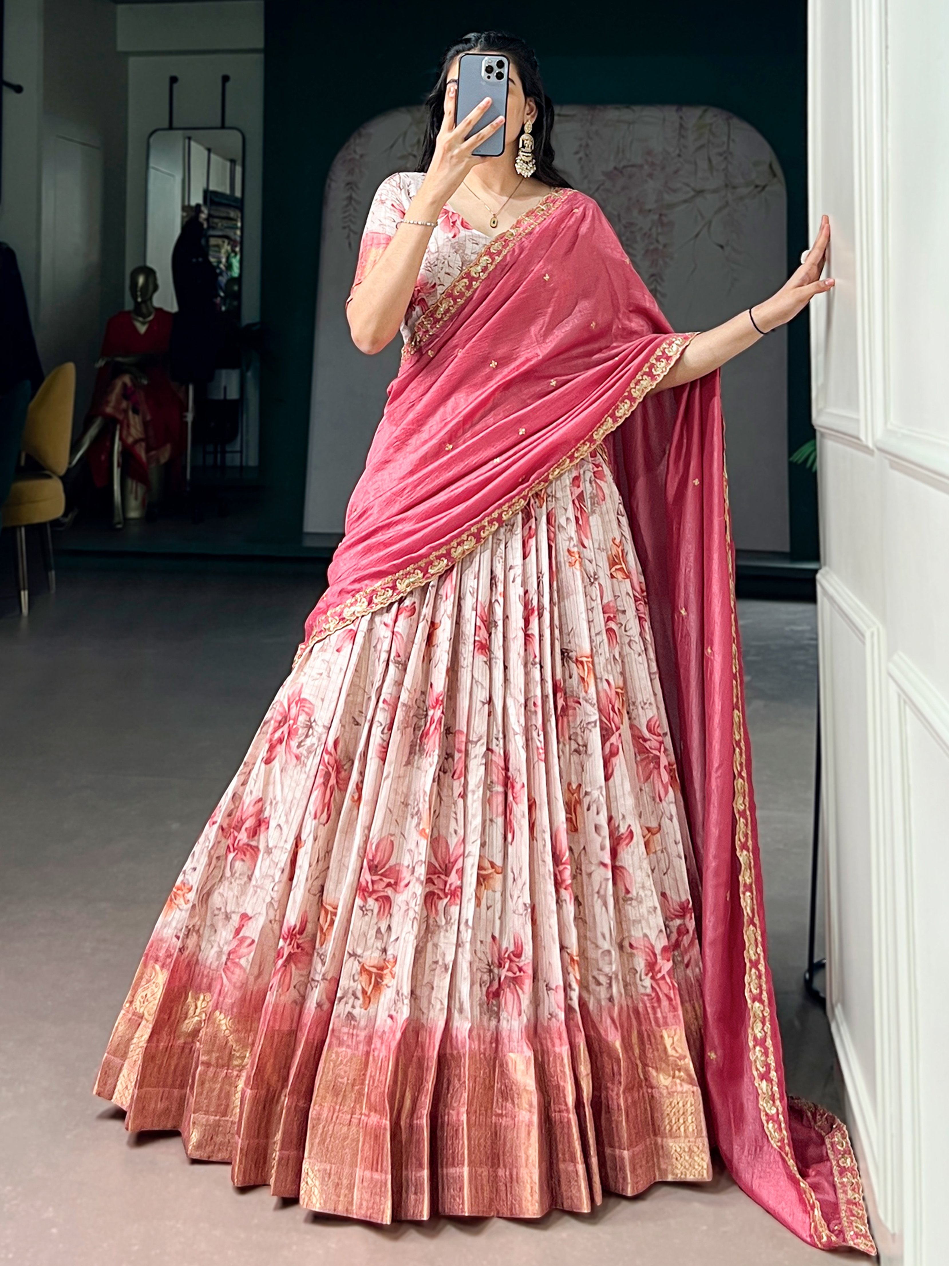 Adorable Pink Floral Printed Silk Wedding Wear Half Saree Lehenga