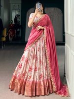 Adorable Pink Floral Printed Silk Wedding Wear Half Saree Lehenga