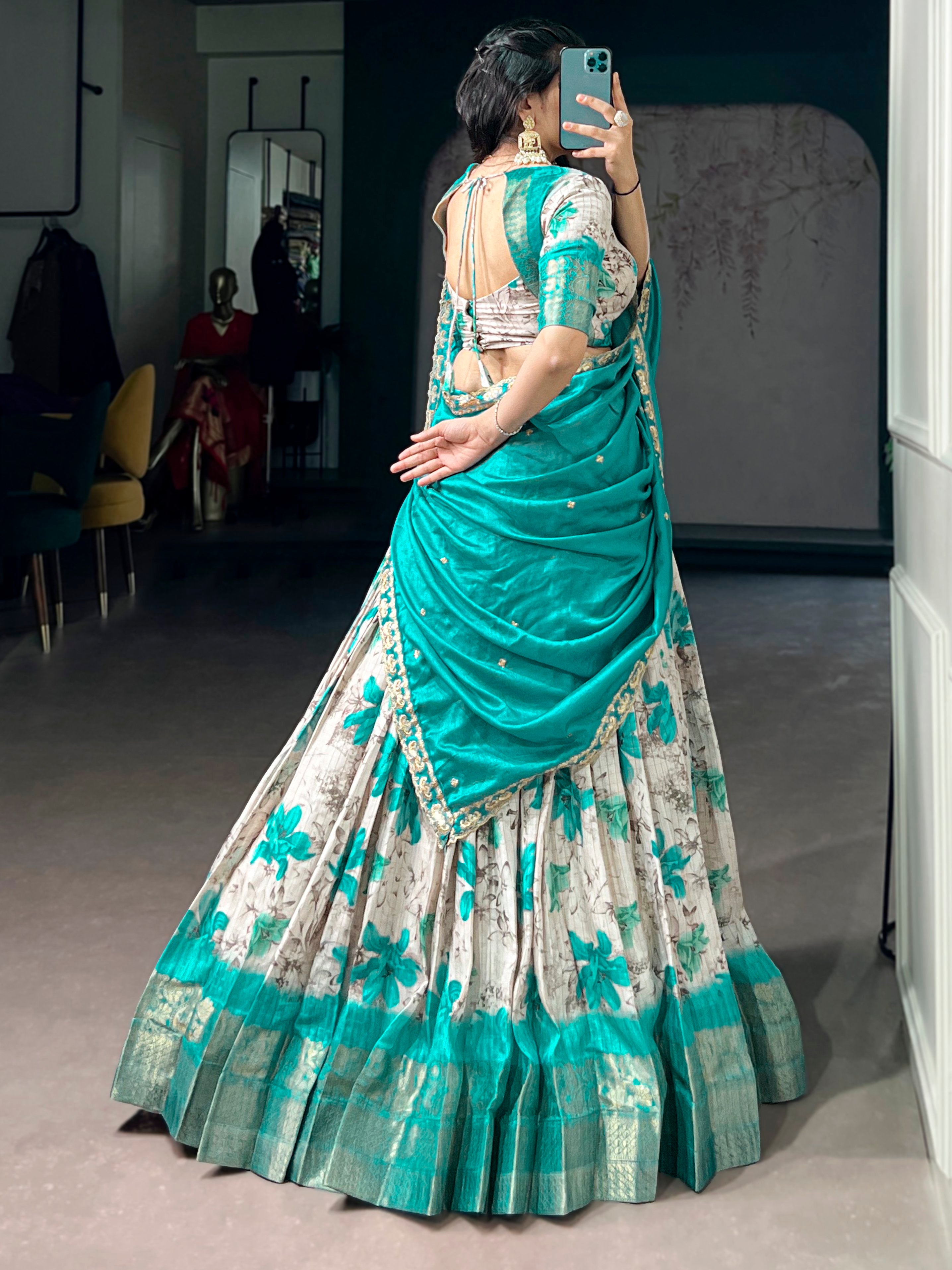 Enchanting Teal Green Floral Printed Silk Event Wear Half Saree Lehenga