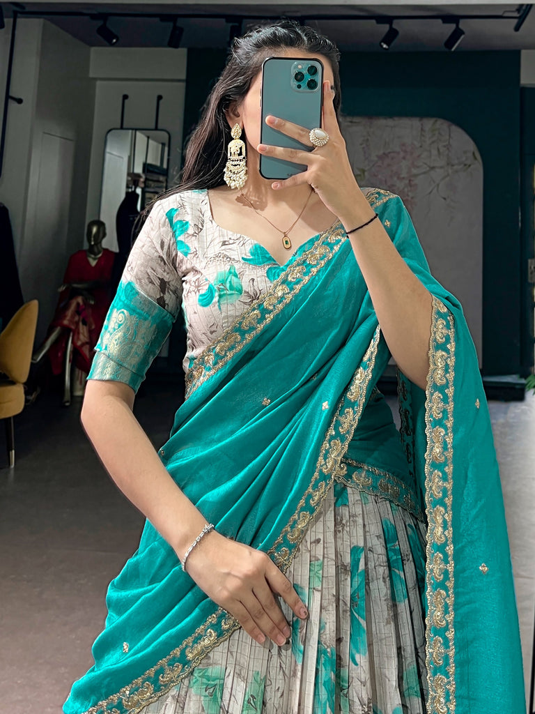 Enchanting Teal Green Floral Printed Silk Event Wear Half Saree Lehenga