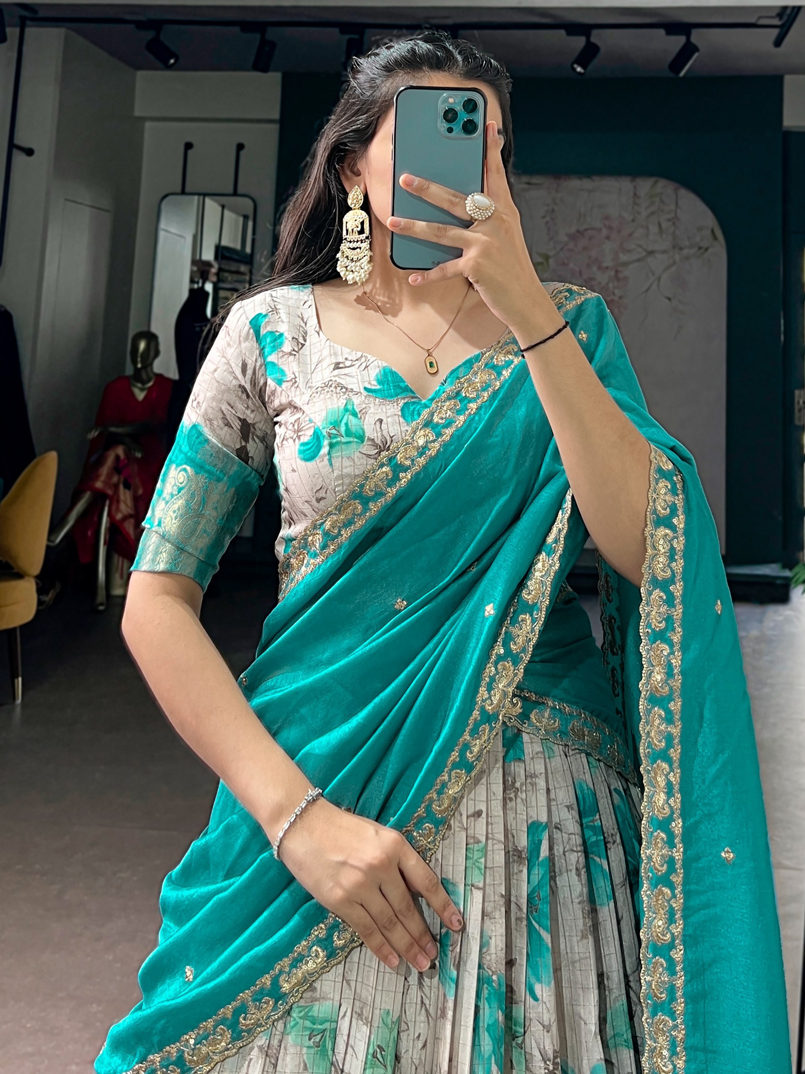 Enchanting Teal Green Floral Printed Silk Event Wear Half Saree Lehenga