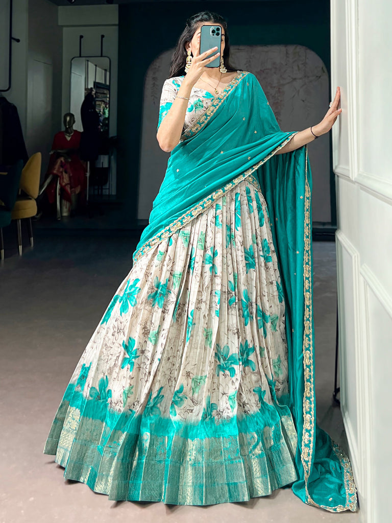 Enchanting Teal Green Floral Printed Silk Event Wear Half Saree Lehenga