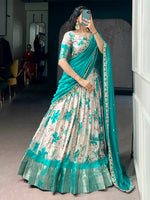 Enchanting Teal Green Floral Printed Silk Event Wear Half Saree Lehenga