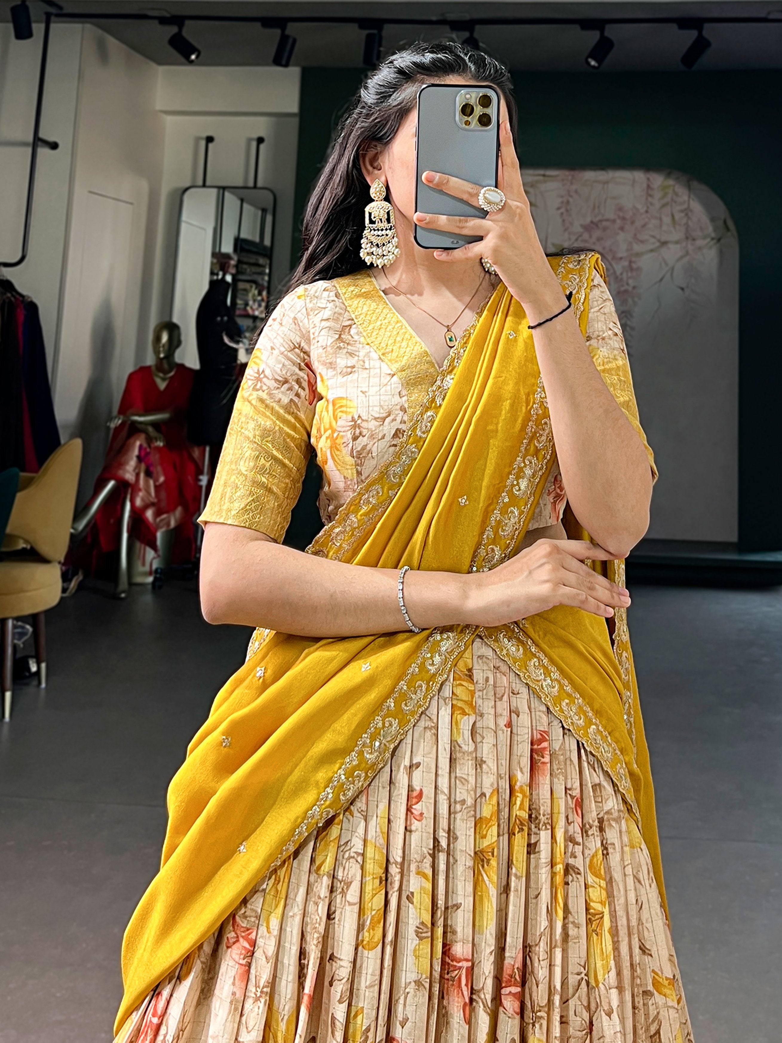 Sparkling Yellow Floral Printed Silk Haldi Wear Half Saree Lehenga