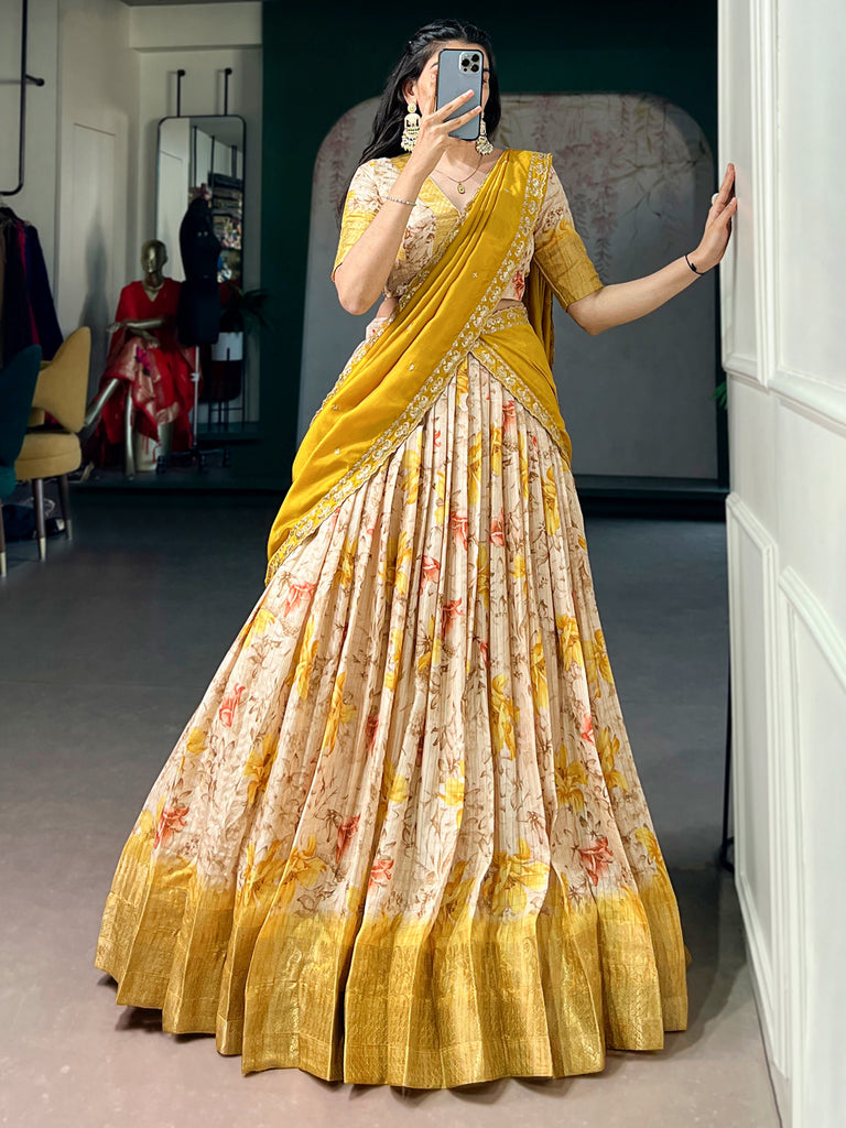 Sparkling Yellow Floral Printed Silk Haldi Wear Half Saree Lehenga