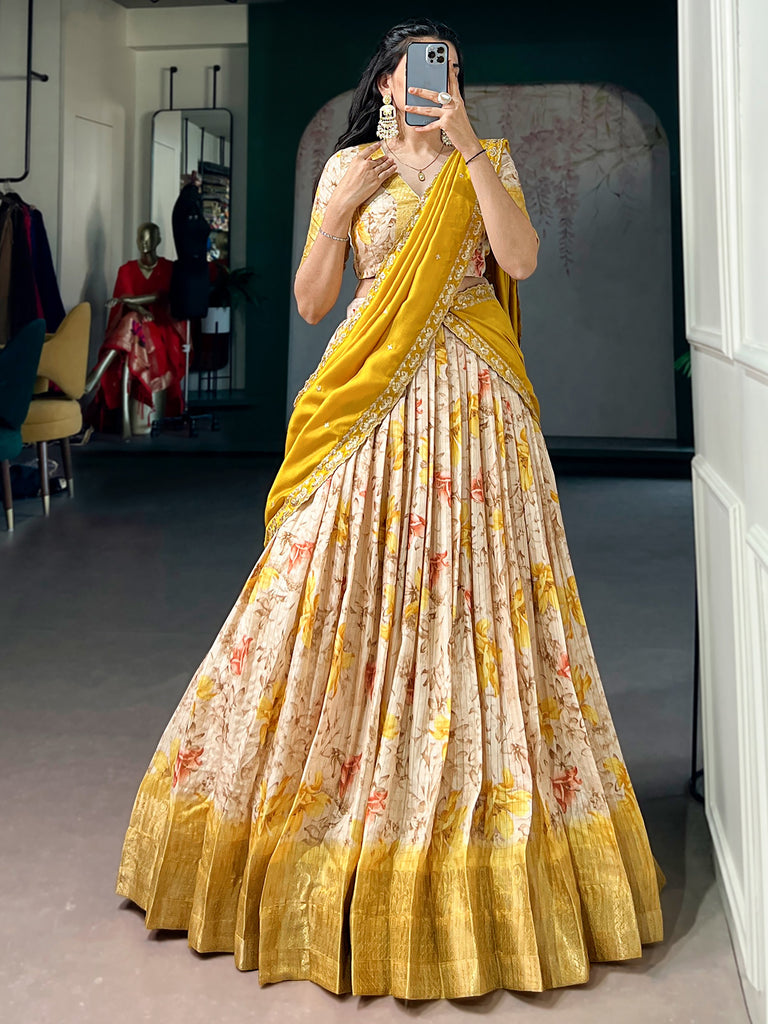 Sparkling Yellow Floral Printed Silk Haldi Wear Half Saree Lehenga