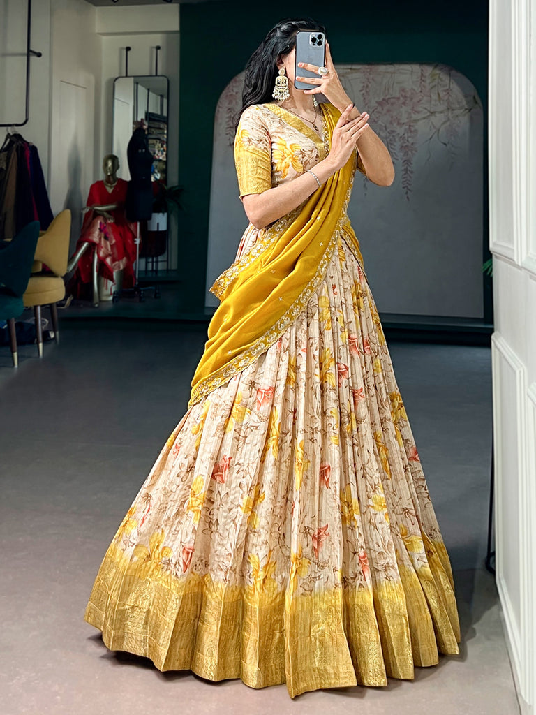 Sparkling Yellow Floral Printed Silk Haldi Wear Half Saree Lehenga