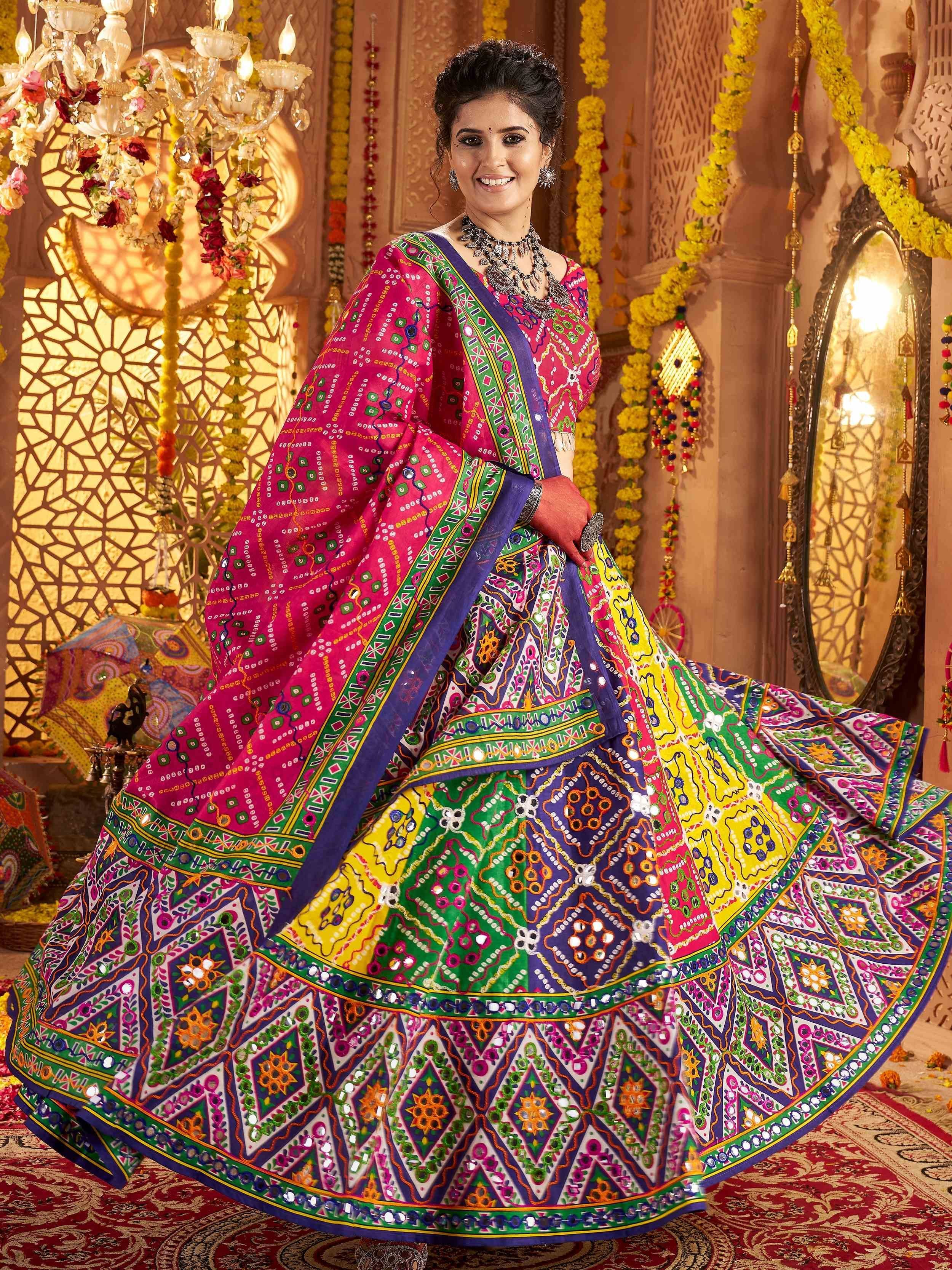 Vibrant Indian ethnic lehenga choli with mirror work, perfect for festive occasions and celebrations.