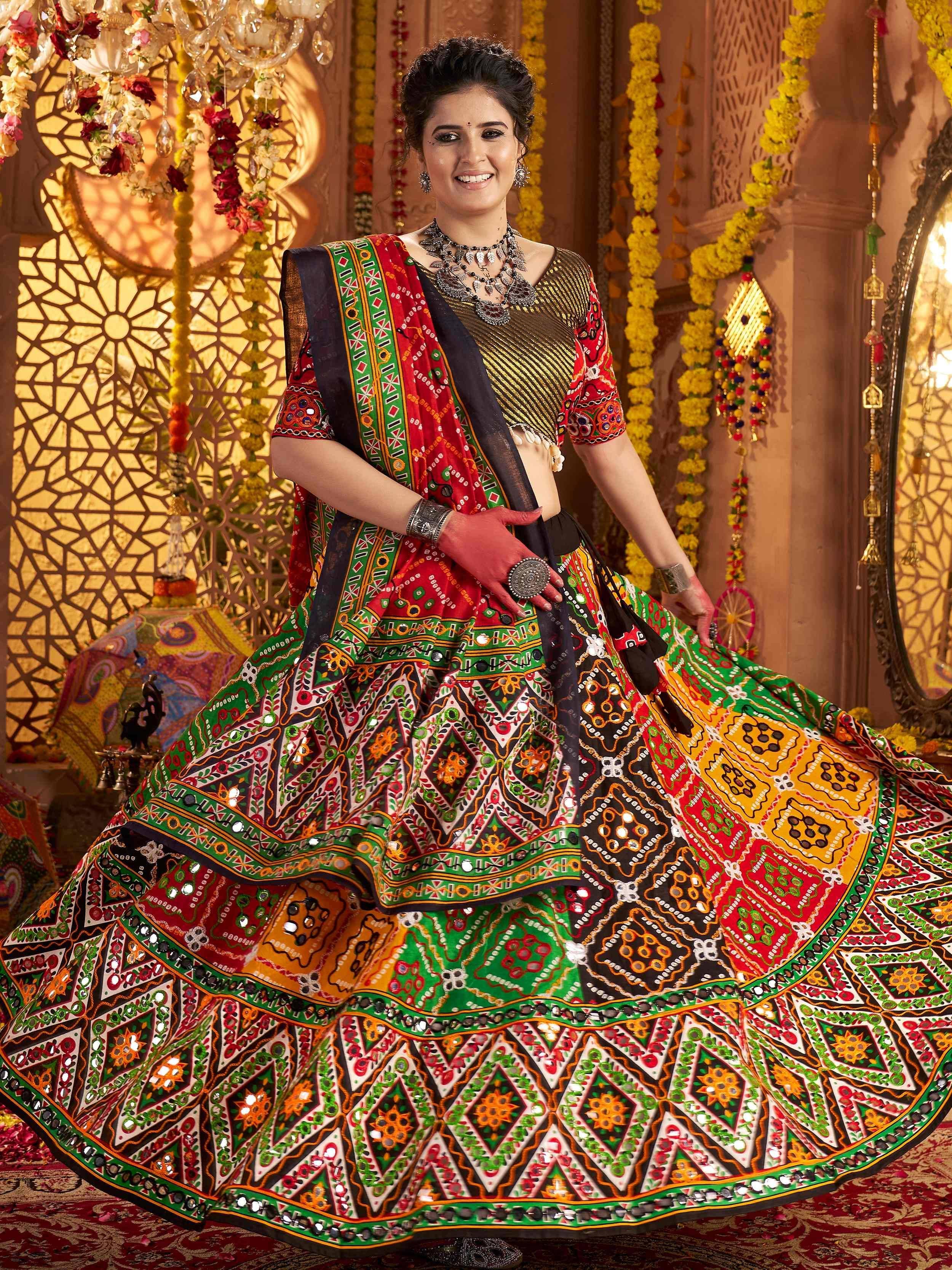 Colorful Indian ethnic lehenga choli with mirror work, perfect for festive occasions and traditional celebrations.