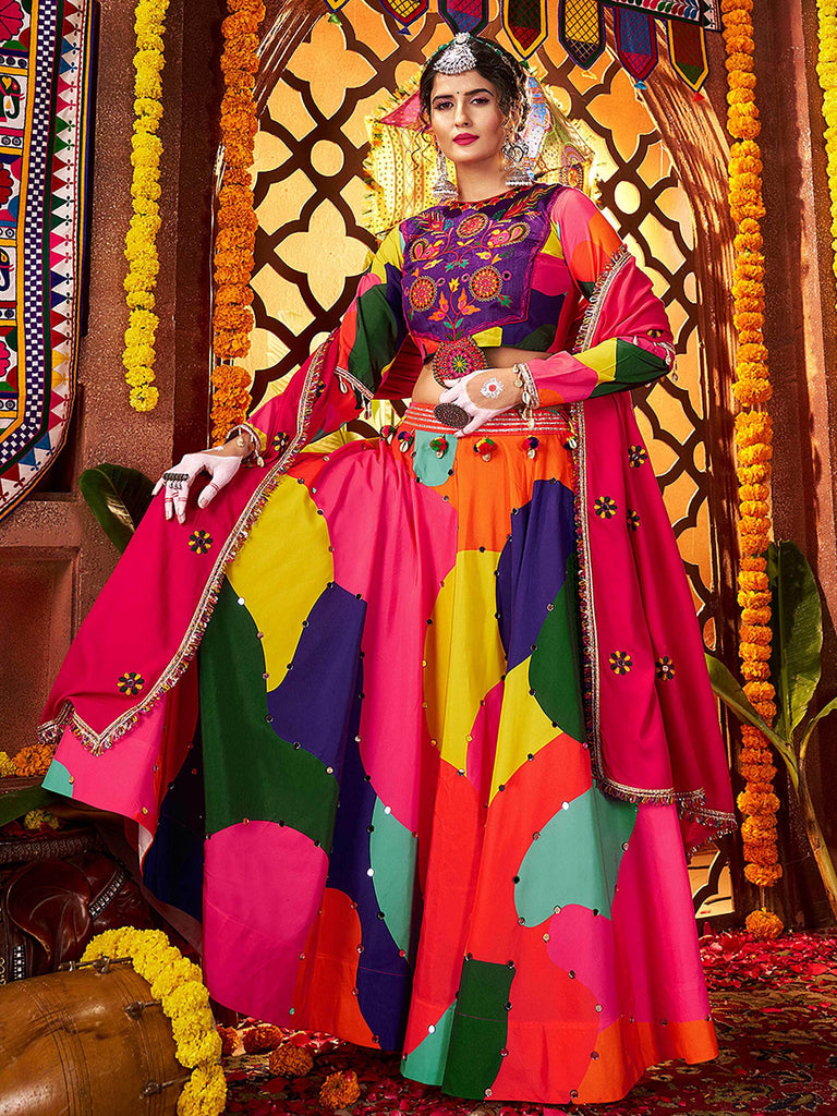 Tantalizing Multi-Color Muslin Mirror Work Navratri Wear Lehenga Choli