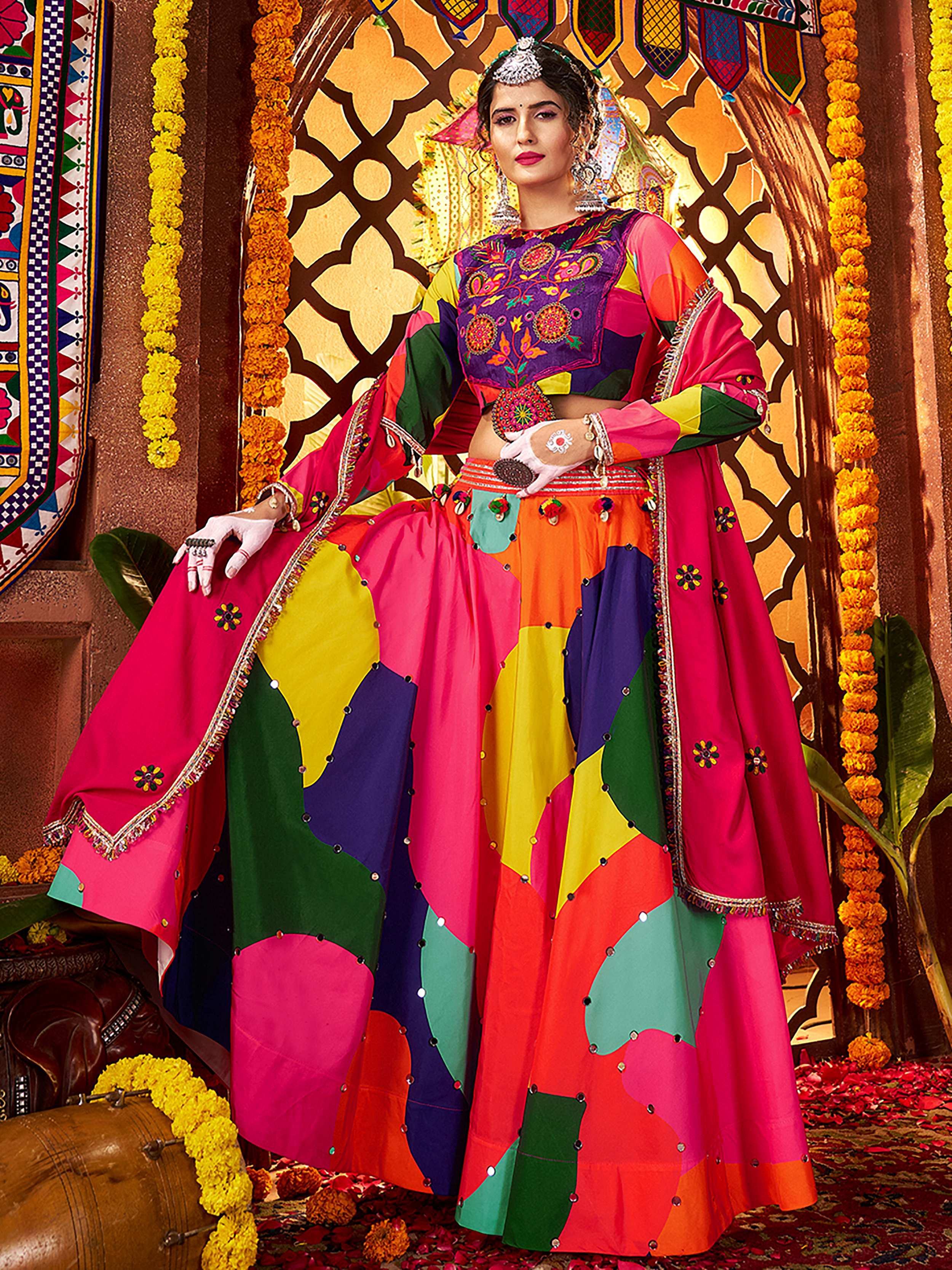 Tantalizing Multi-Color Muslin Mirror Work Navratri Wear Lehenga Choli