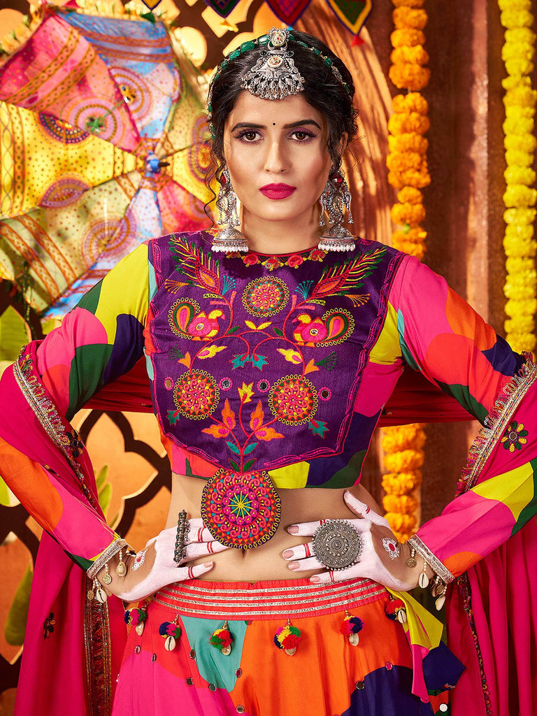 Tantalizing Multi-Color Muslin Mirror Work Navratri Wear Lehenga Choli