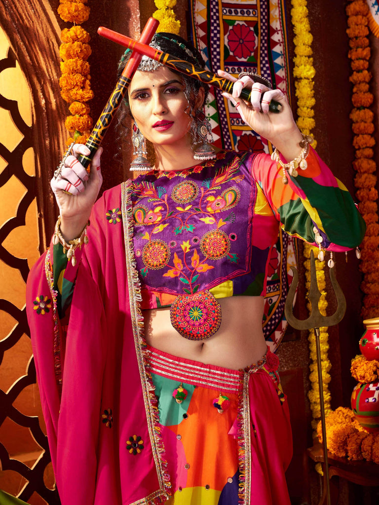 Tantalizing Multi-Color Muslin Mirror Work Navratri Wear Lehenga Choli