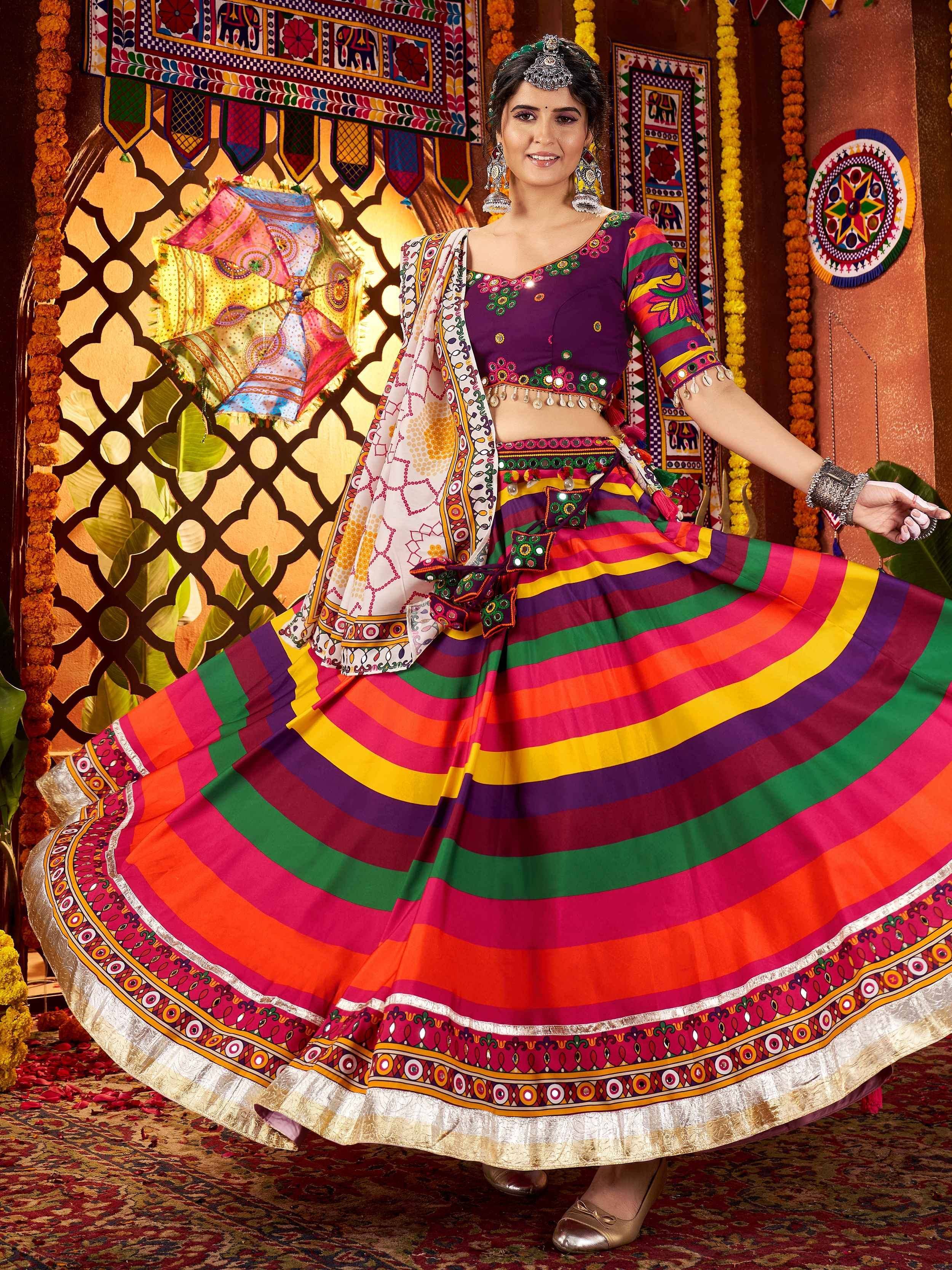 Vibrant Indian ethnic lehenga choli with colorful stripes, mirror work, and traditional dupatta for festive occasions