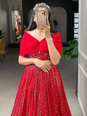 Appealing Red Sequins Georgette Party Wear Crop Top Lehenga