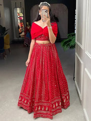 Appealing Red Sequins Georgette Party Wear Crop Top Lehenga