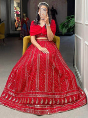 Appealing Red Sequins Georgette Party Wear Crop Top Lehenga