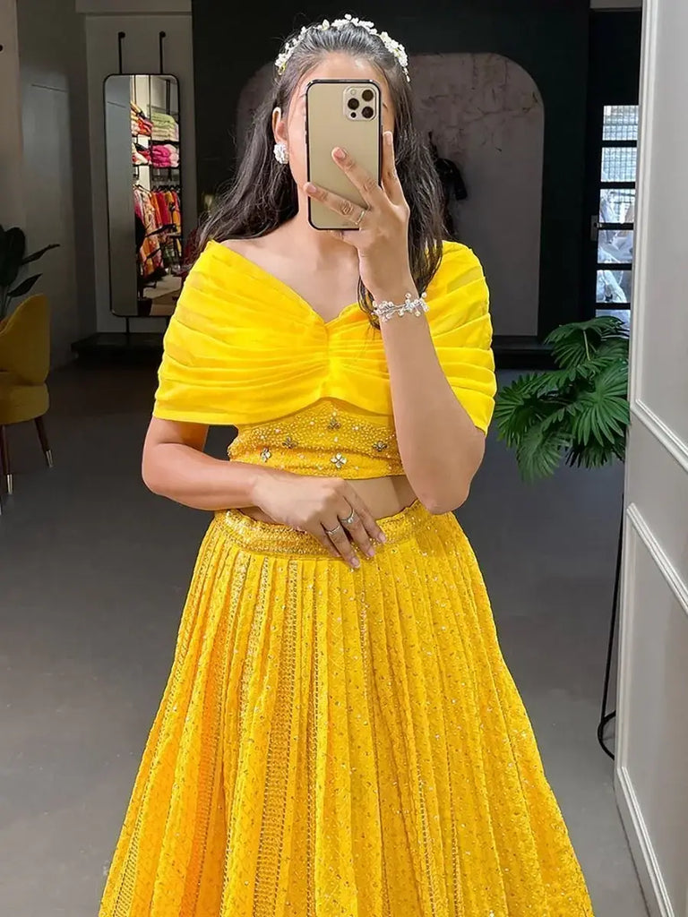 Gorgeous Yellow Sequins Georgette Reception Wear Crop Top Lehenga