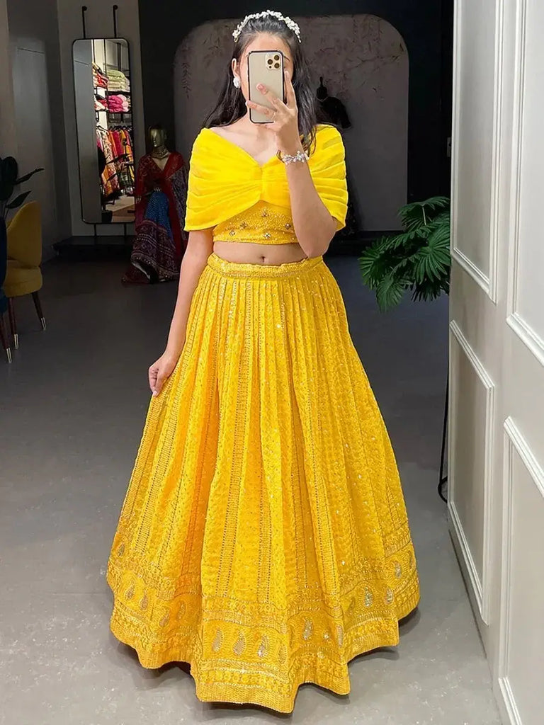 Gorgeous Yellow Sequins Georgette Reception Wear Crop Top Lehenga