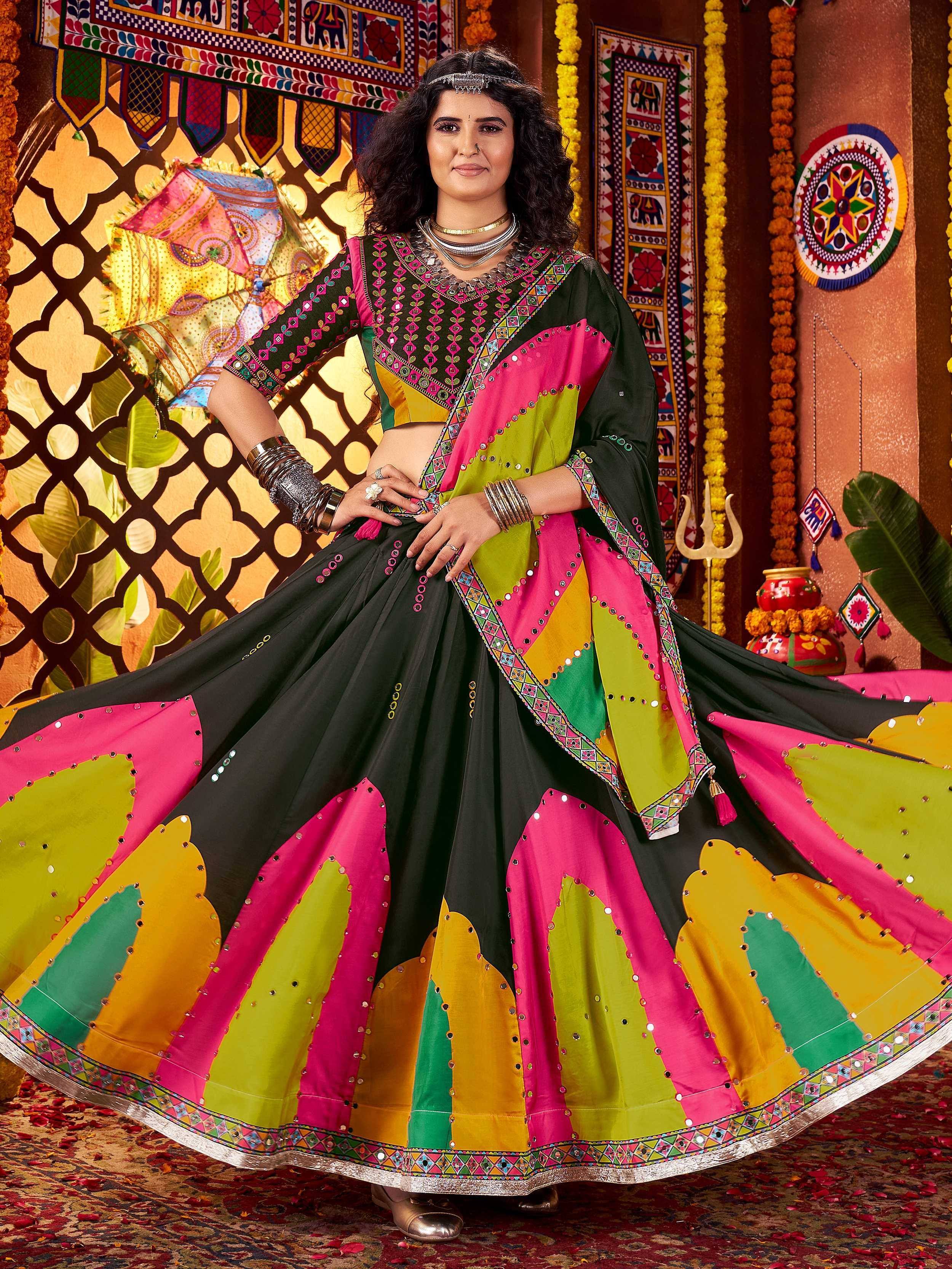 Vibrant multicolor Indian lehenga choli with mirror work, perfect for festive occasions and ethnic celebrations.