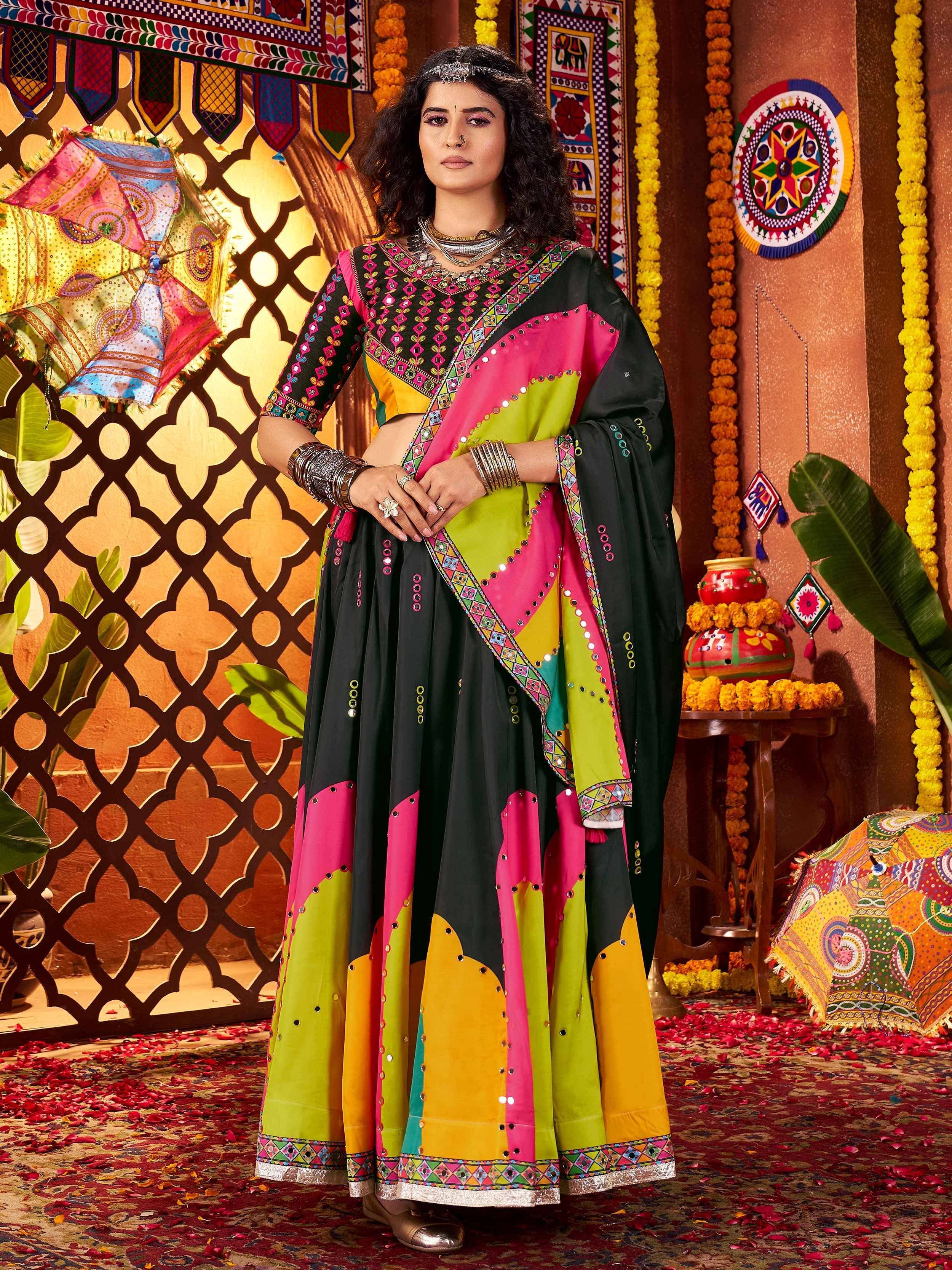 Vibrant multicolor ethnic lehenga choli with mirror work, perfect for Indian festivals and weddings