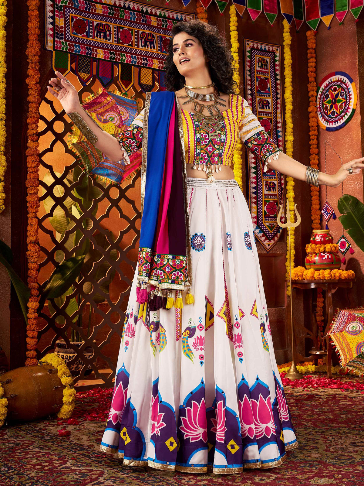 Glamorous White Gajji Silk Printed Lehenga Choli With Dupatta