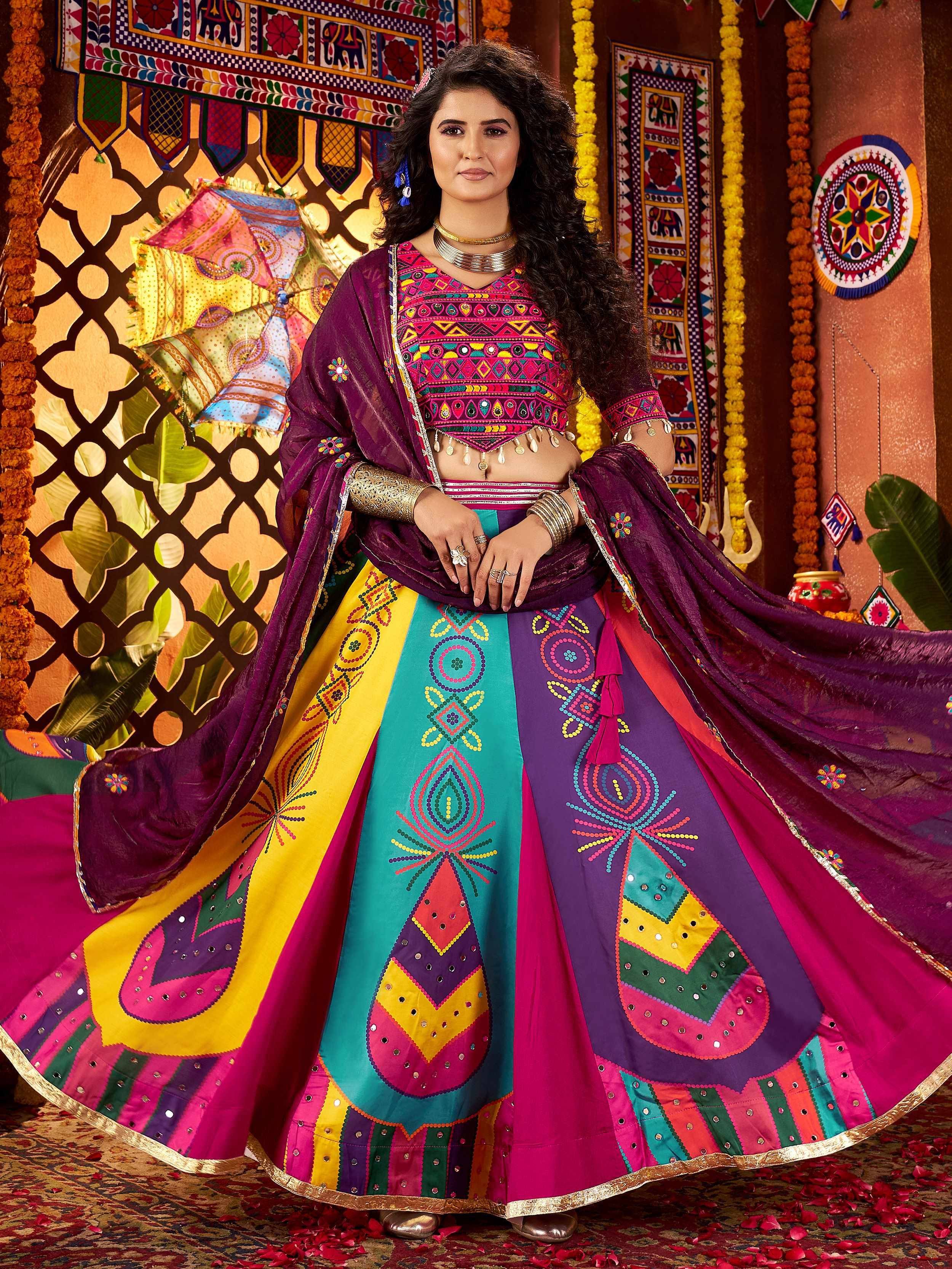 Vibrant Indian ethnic lehenga choli with colorful mirror work, perfect for festive occasions and celebrations.