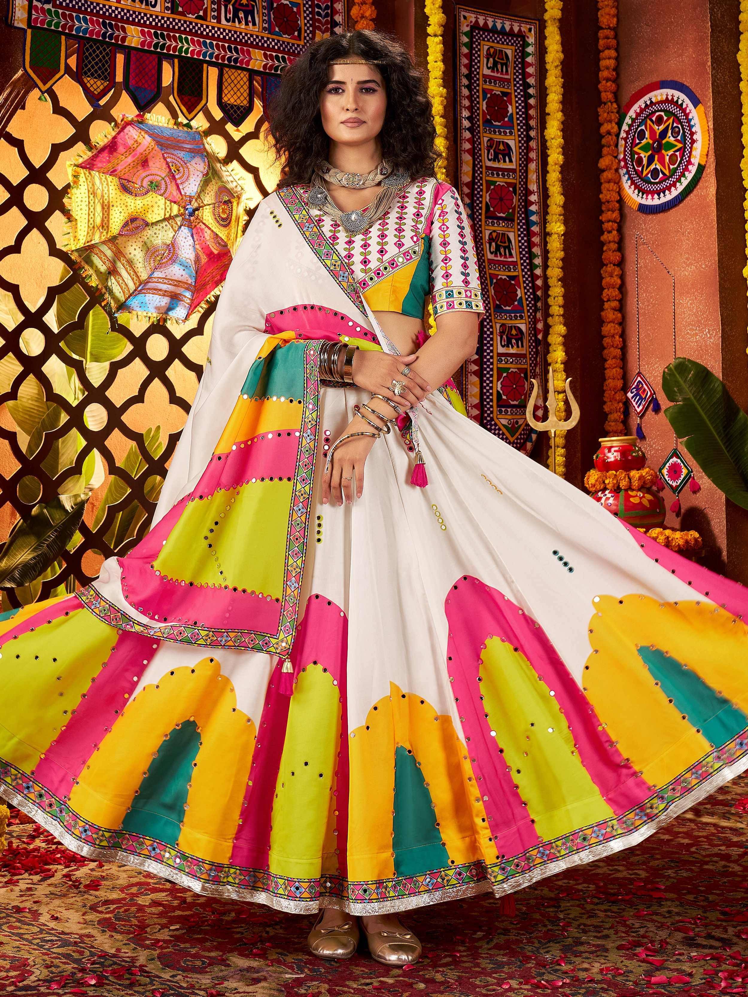 Vibrant multicolor lehenga choli with mirror work, perfect for festive Indian celebrations