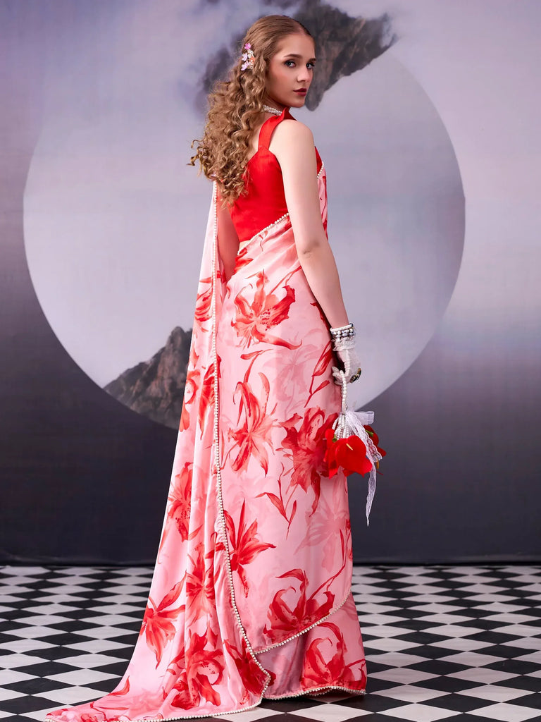 Lovable Red Digital Printed Satin Wedding Wear Saree With Blouse