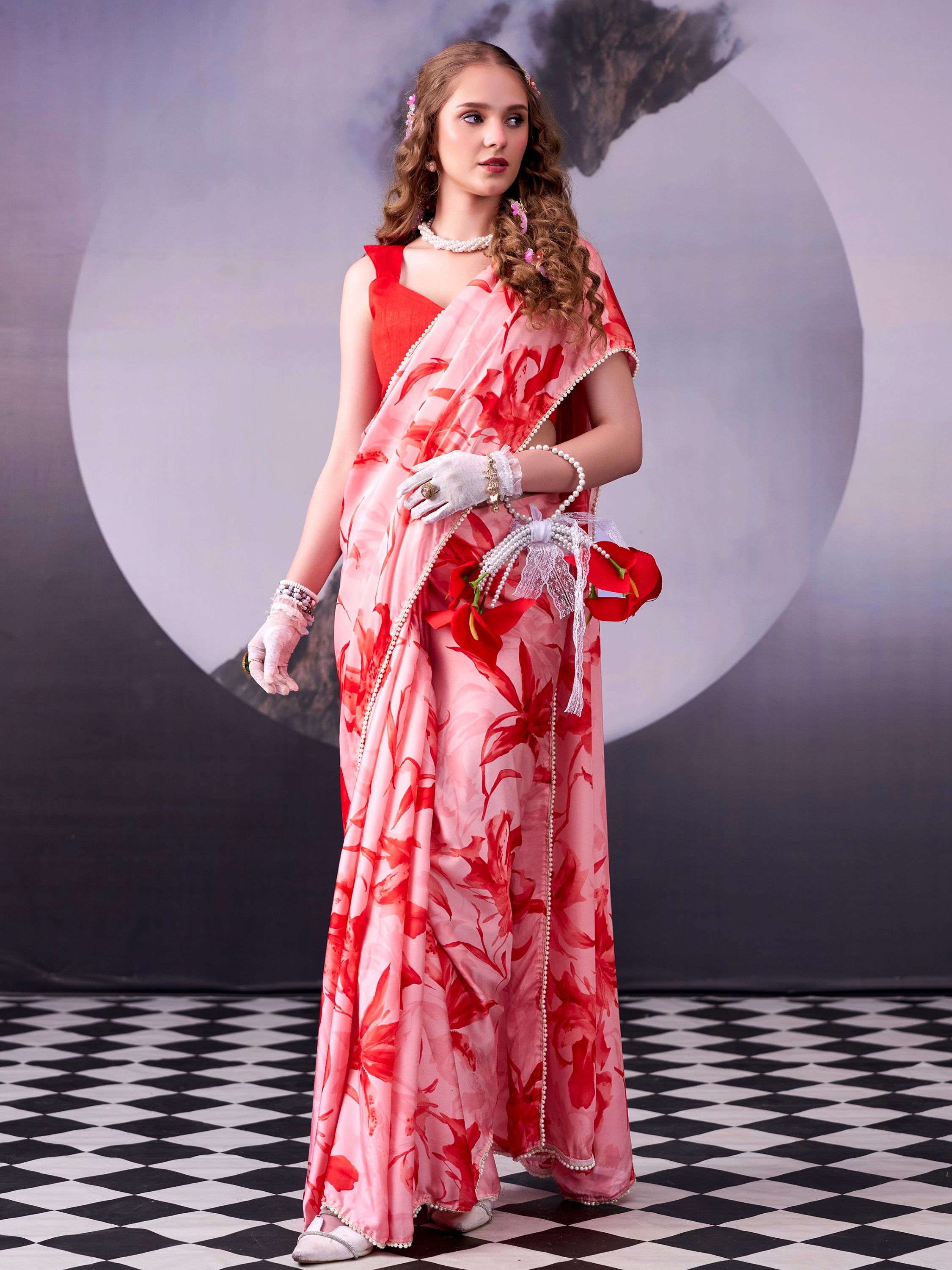 Lovable Red Digital Printed Satin Wedding Wear Saree With Blouse