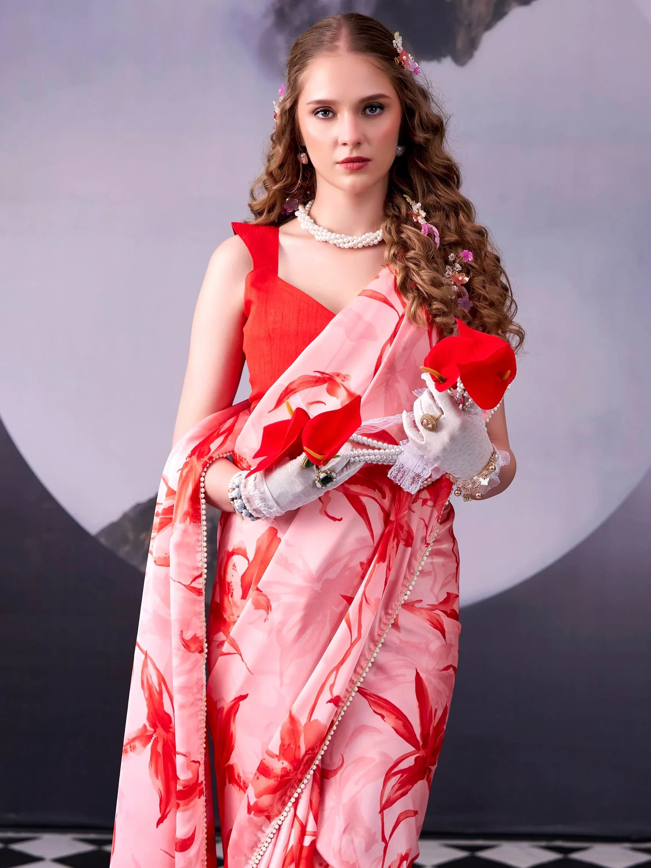 Lovable Red Digital Printed Satin Wedding Wear Saree With Blouse