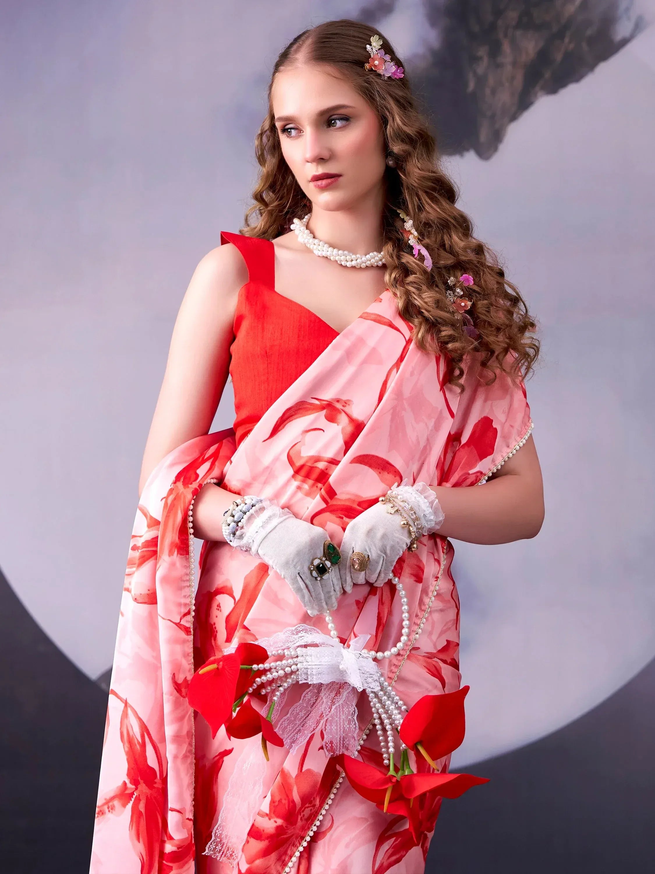 Lovable Red Digital Printed Satin Wedding Wear Saree With Blouse