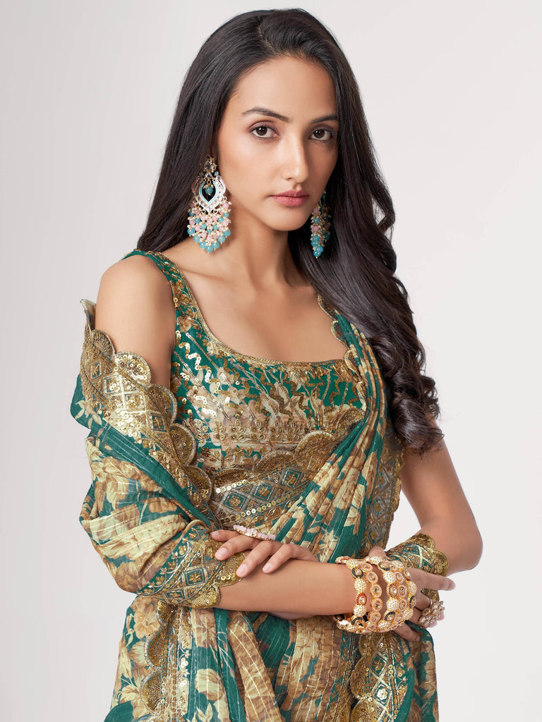 Bewitching Teal Blue Floral Printed Organza Party Wear Saree