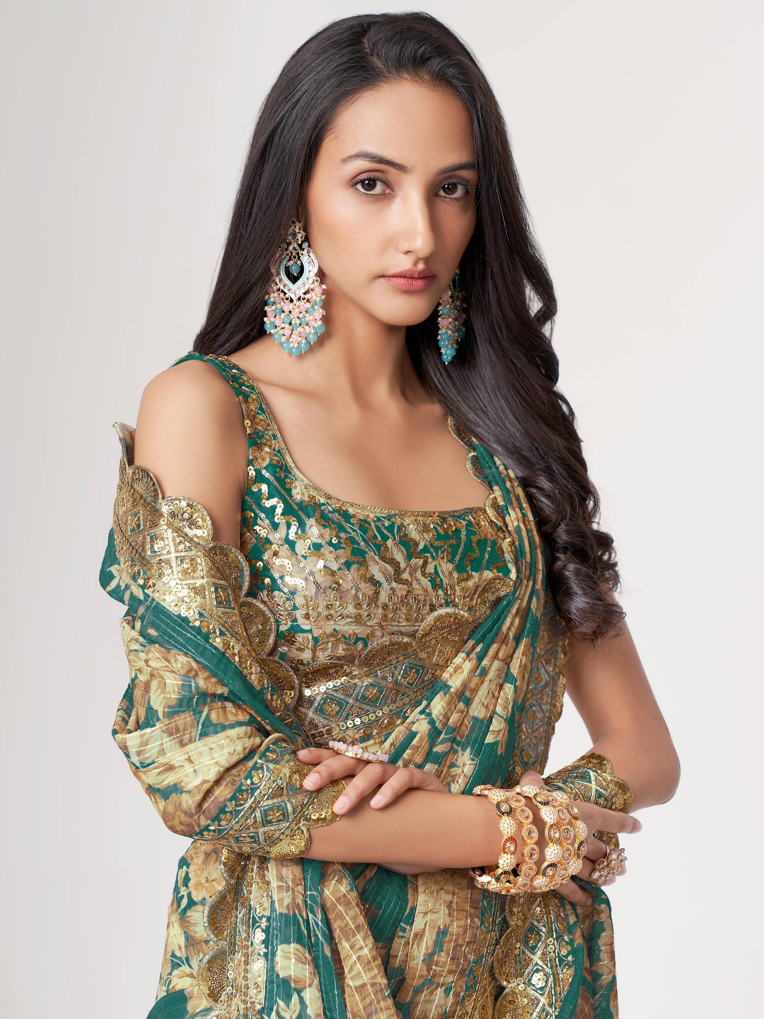 Bewitching Teal Blue Floral Printed Organza Party Wear Saree