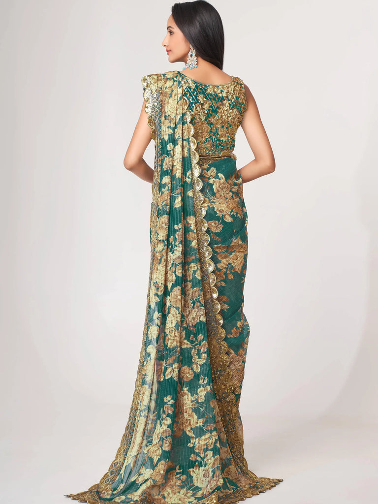Bewitching Teal Blue Floral Printed Organza Party Wear Saree