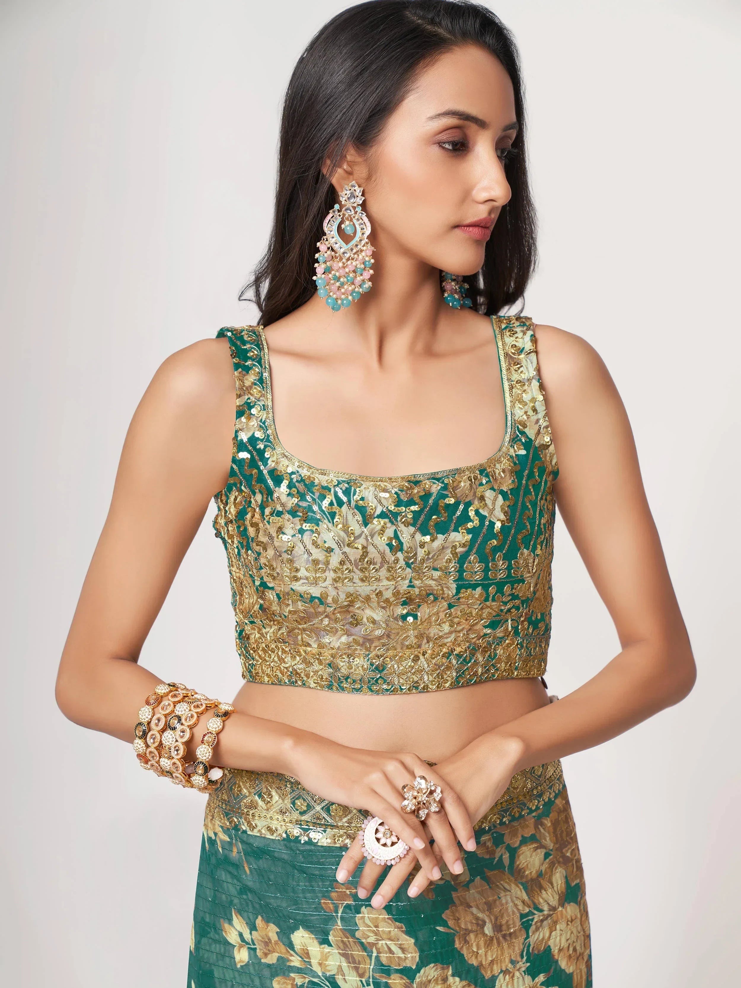 Bewitching Teal Blue Floral Printed Organza Party Wear Saree